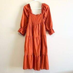 Boutique Swiss Dot Smocked Long Sleeve Tiered Midi Dress